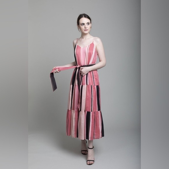 APIECE APART / NWT Striped Linen Silk Tiered Midi Dress Pink sunset papaya Tie 8 - Picture 4 of 7